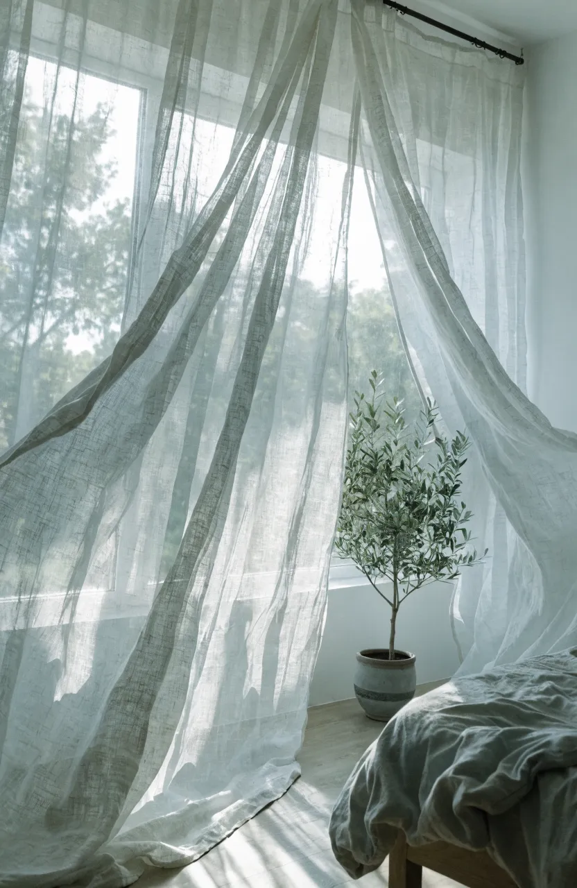 Sheer white linen curtains filtering bright sunlight into a calm minimalist bedroom.