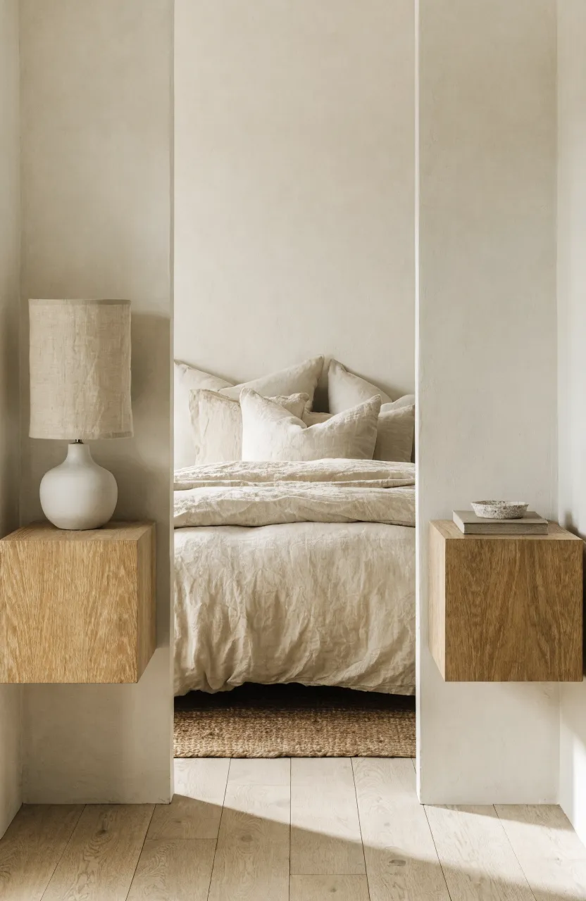 Symmetrical floating oak nightstands in a clean, relaxing boho minimalist bedroom.