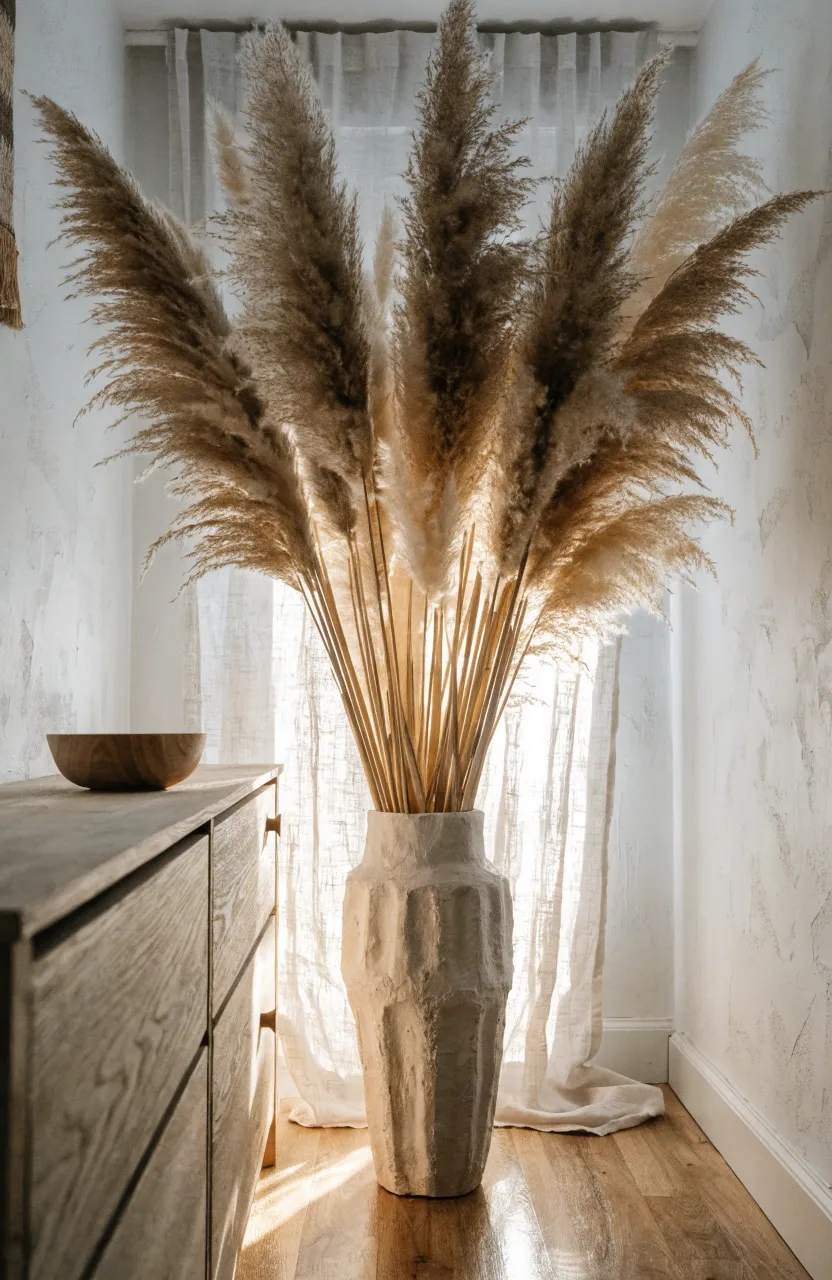 Tall feathery pampas grass in a matte ceramic vase in a minimalist bedroom corner.