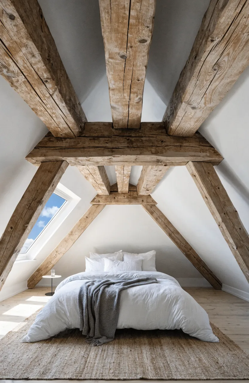Rustic exposed wooden beams on a slanted ceiling in a bright attic minimalist bedroom.