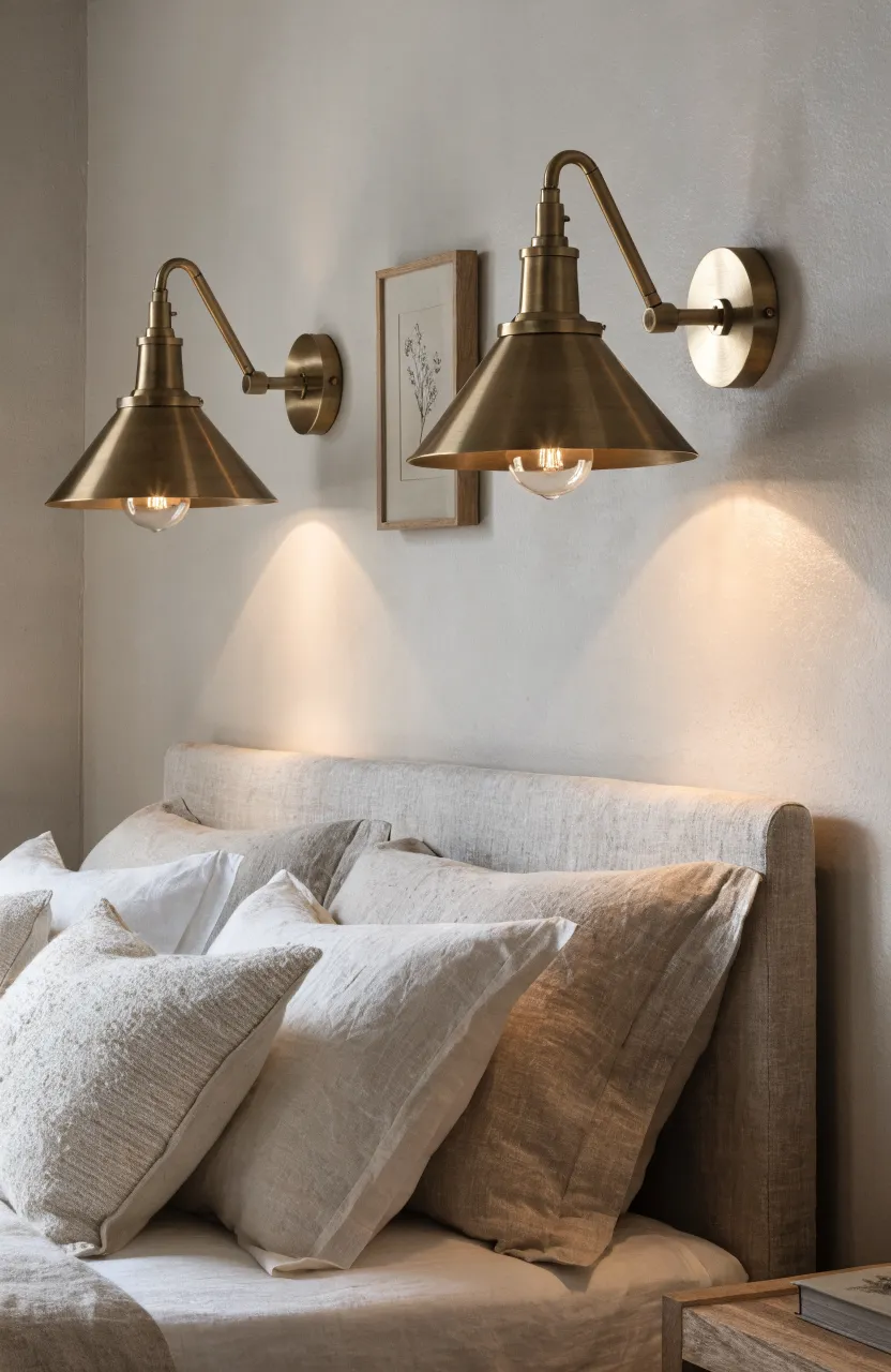 Pair of adjustable brass wall sconces mounted above a bed in a minimalist room.