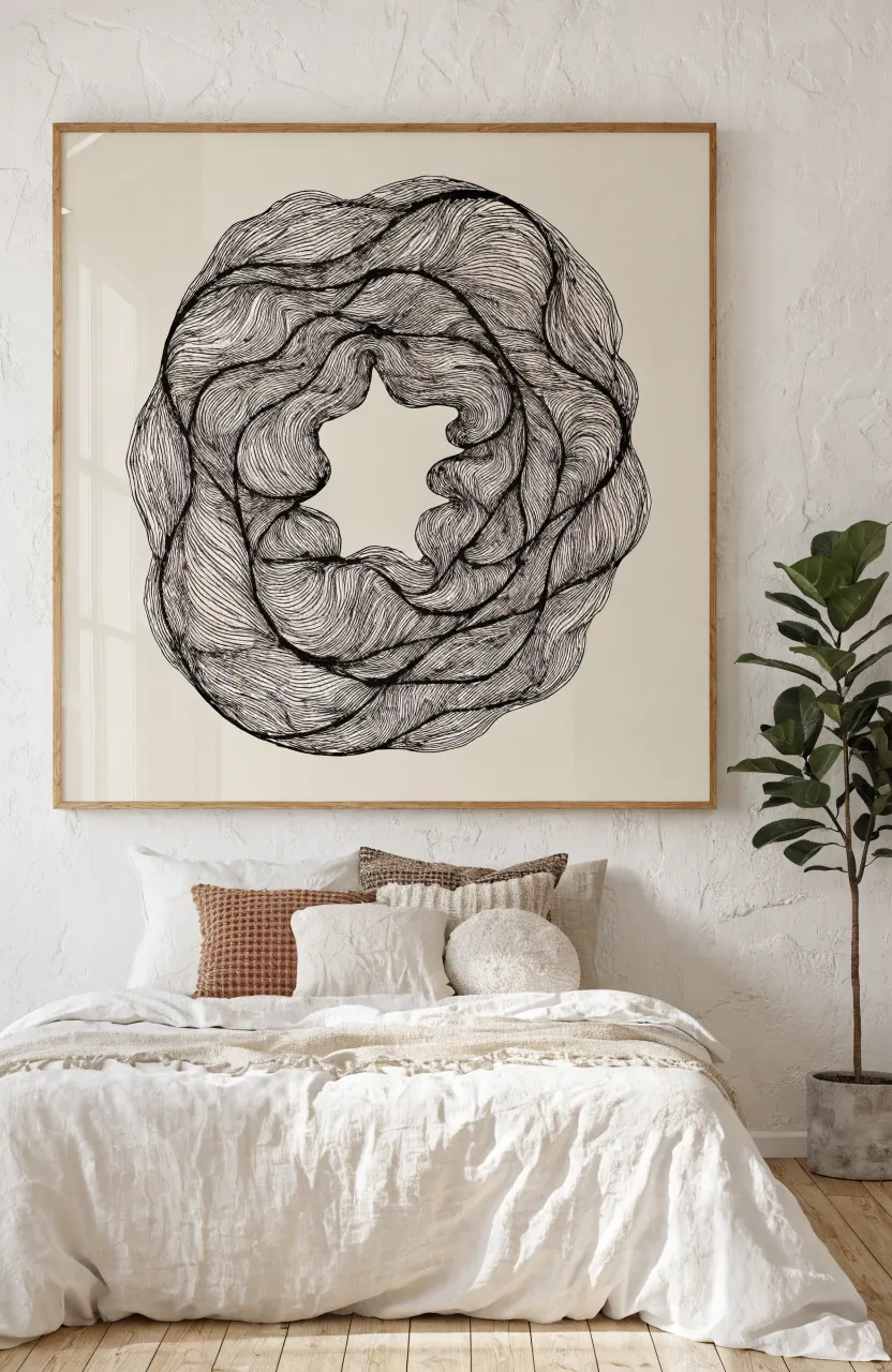 Large minimalist black line art print in an oak frame above a bed.