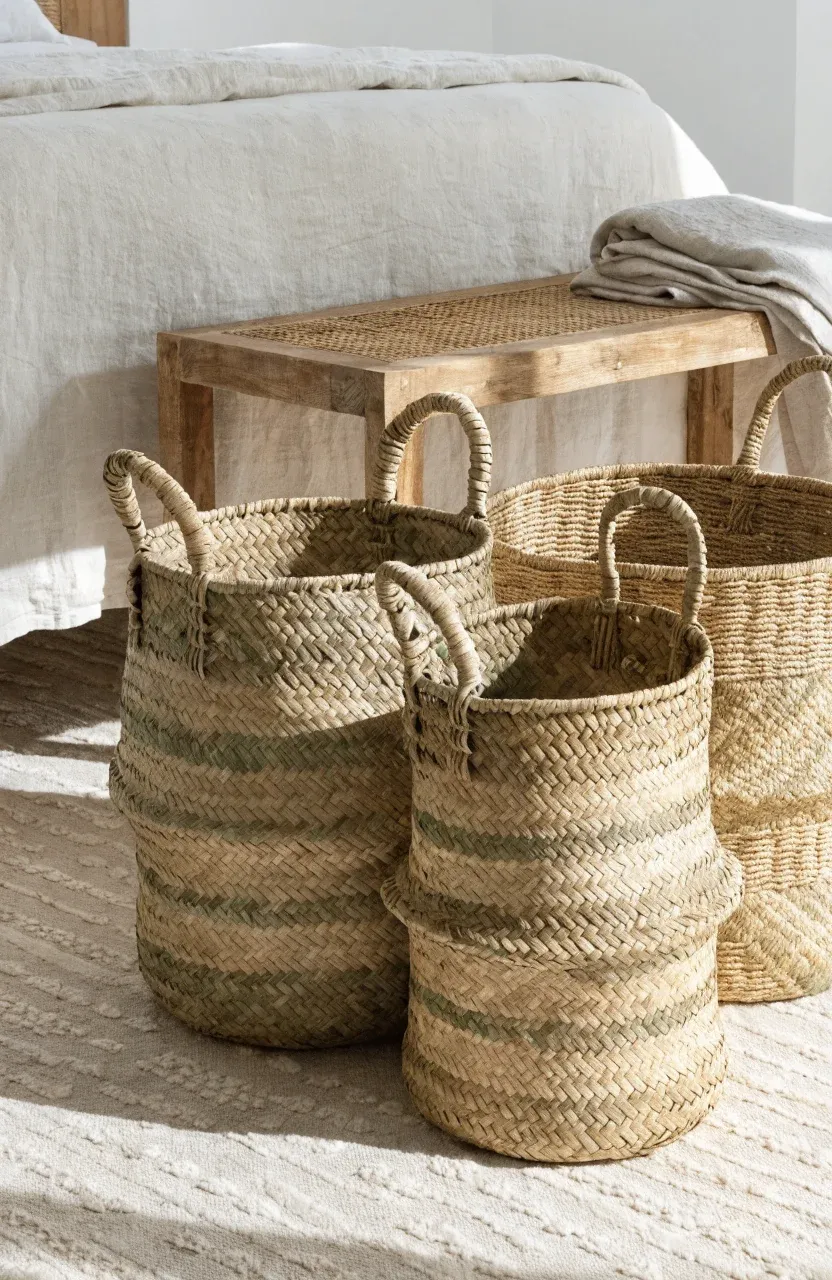 Natural woven seagrass baskets used for storage on a bedroom floor.