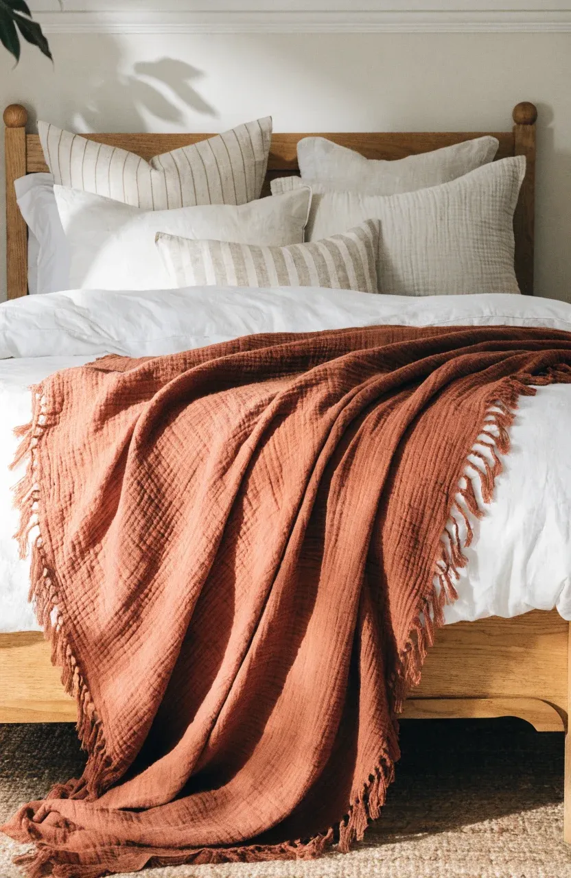 A soft, crinkled cotton muslin throw blanket draped over a minimalist bed.