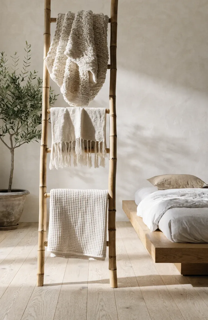 A bamboo ladder leaning against a white wall in a minimalist bedroom, holding textured blankets.