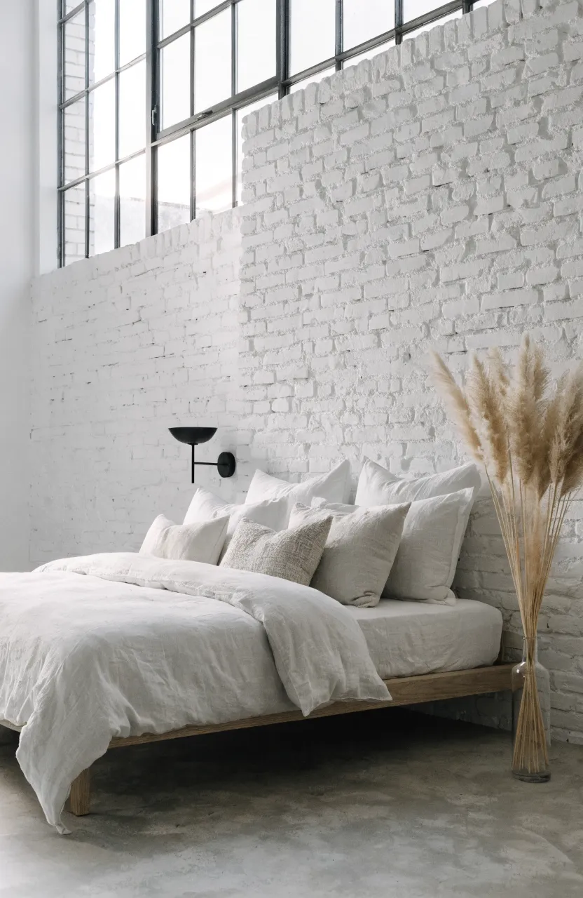 A bedroom with a white painted brick wall behind a minimalist wooden bed with white linens.