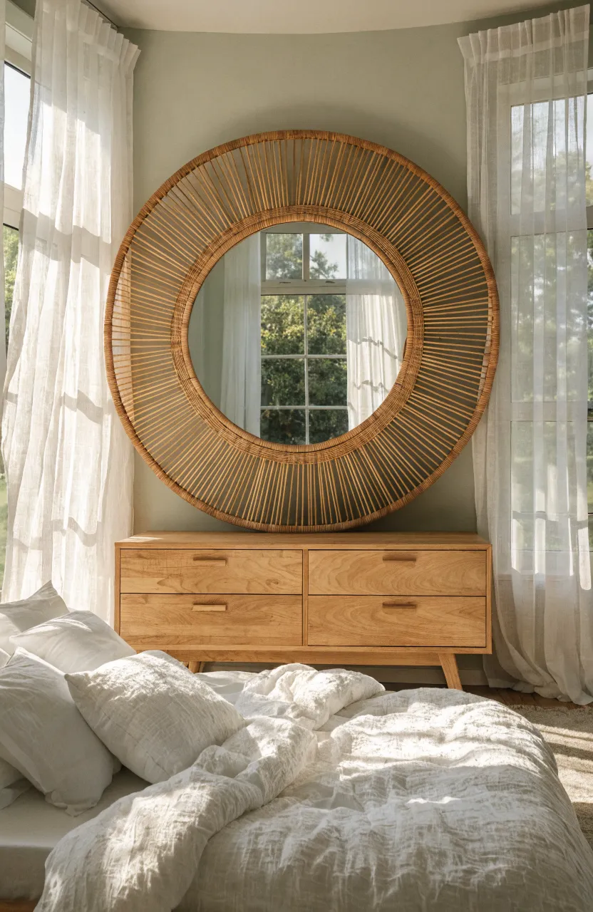 A round rattan mirror hanging on a wall above a wooden dresser in a bright boho bedroom.