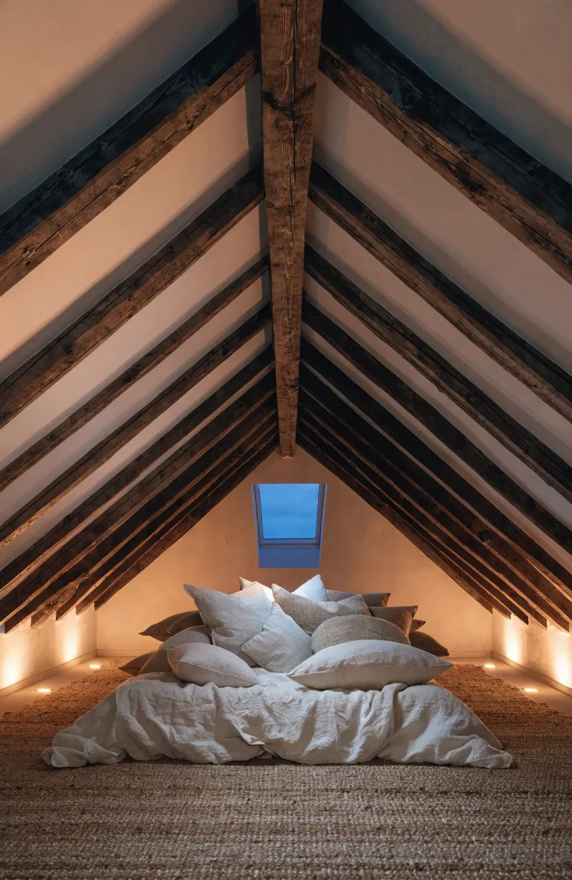 A cozy attic bedroom with slanted ceilings illuminated by warm lights recessed into the floor.