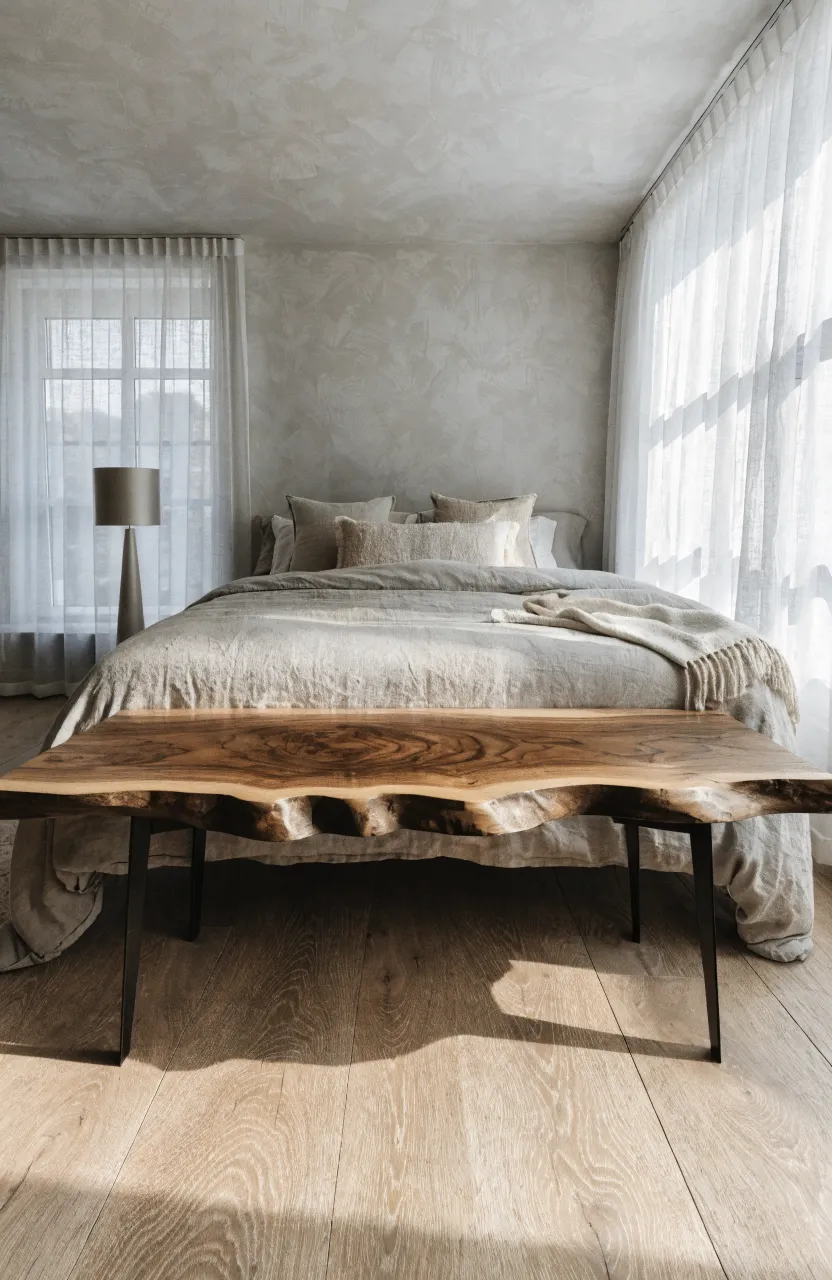 A solid walnut wood bench sitting at the foot of a bed with neutral linen bedding.