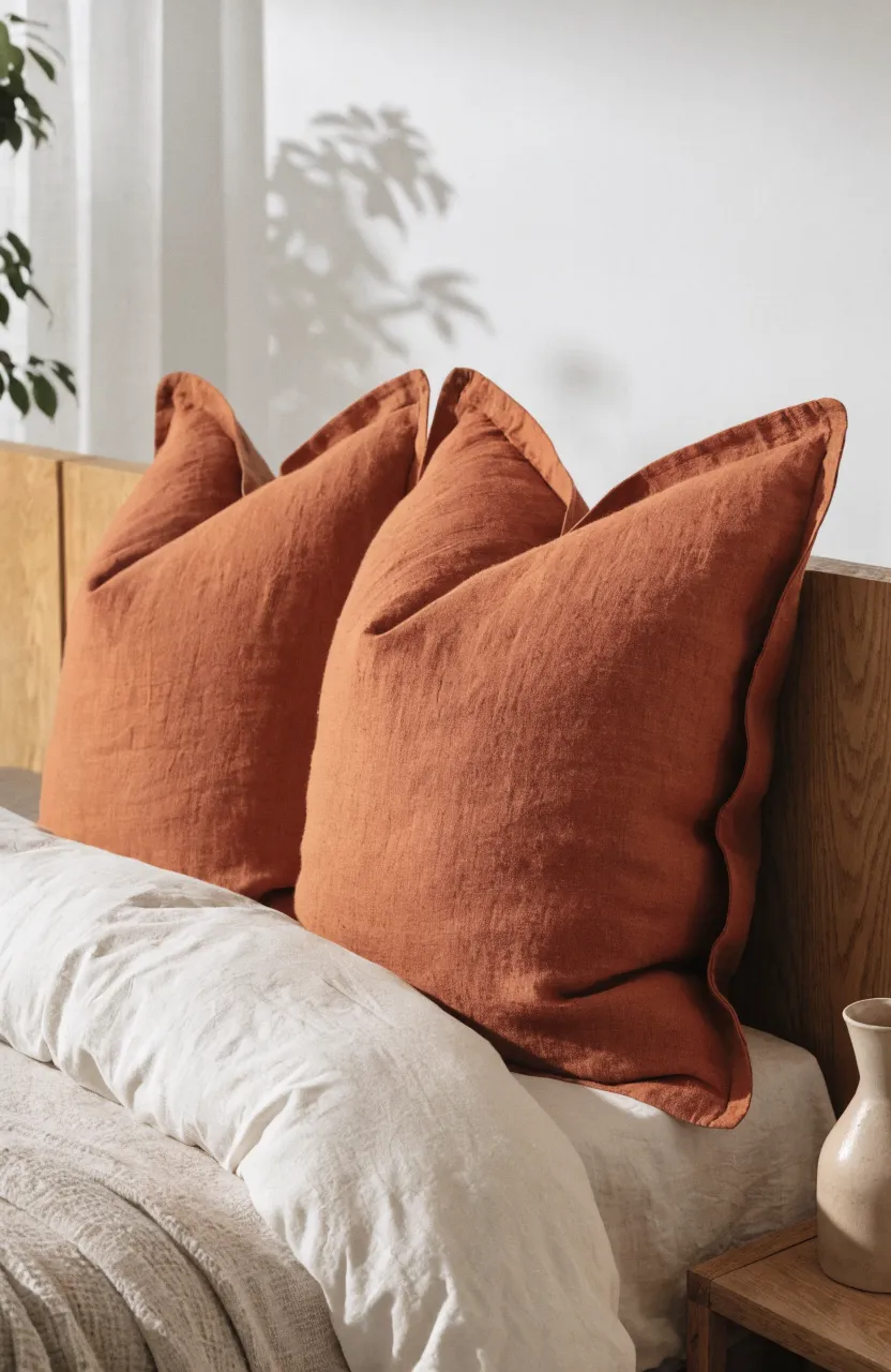 Two terracotta-colored linen pillows on a bed with neutral white and beige bedding.