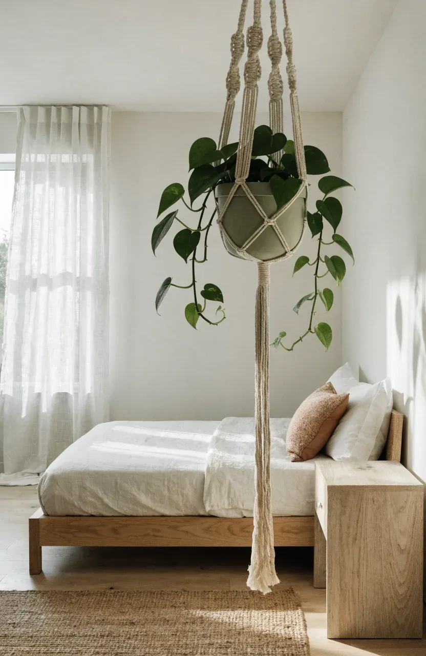 A macramé plant holder with trailing vines hanging in a bright, minimalist boho bedroom.