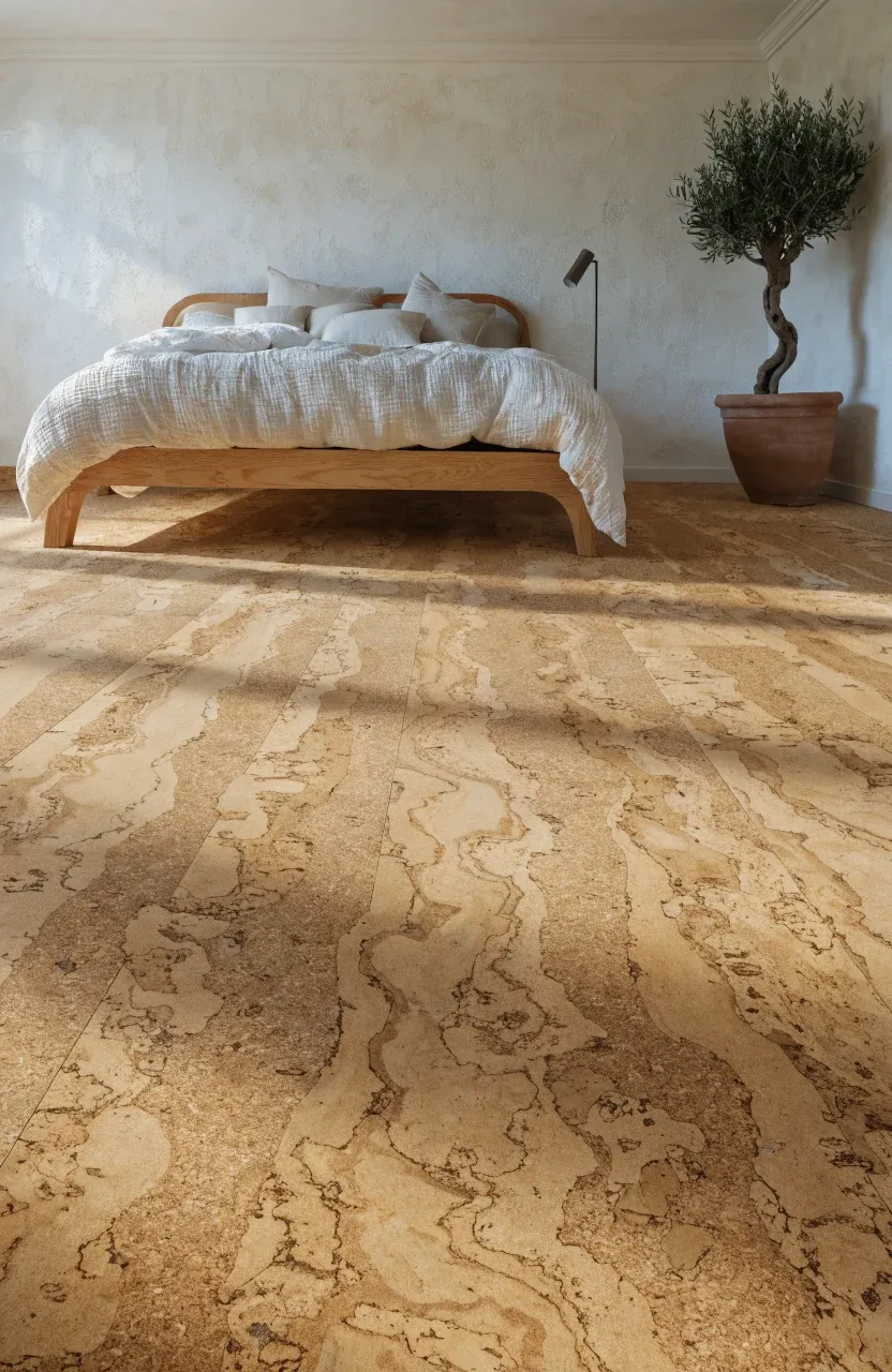 Warm honey-toned cork flooring in a minimalist boho bedroom with a low wooden bed.