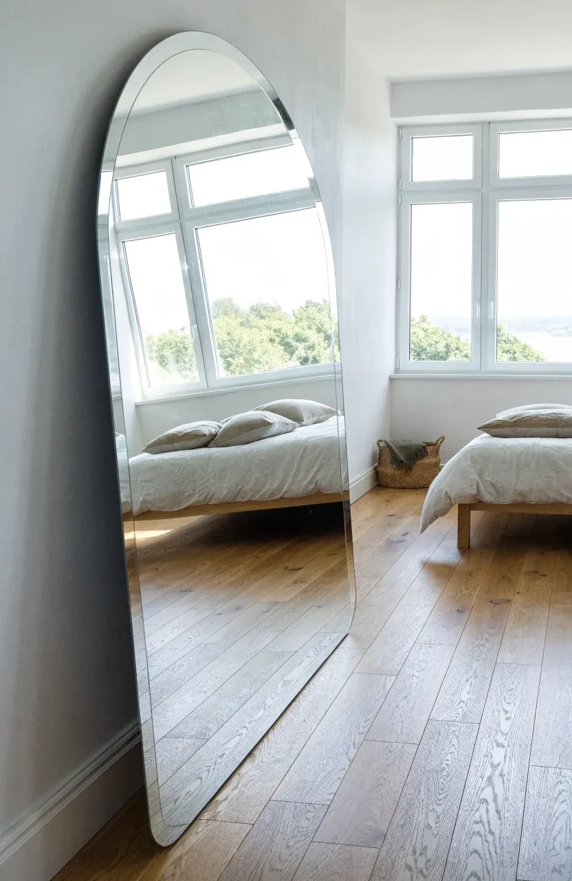 A large frameless mirror leaning against a white wall in a bright, minimalist bedroom.