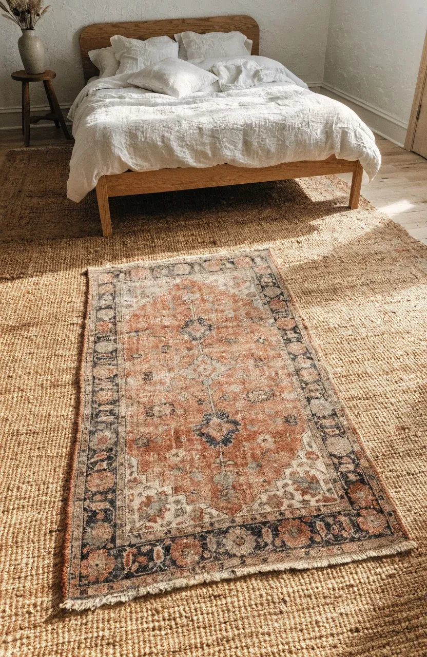 A faded vintage Persian rug layered over a larger jute rug in a boho minimalist bedroom.