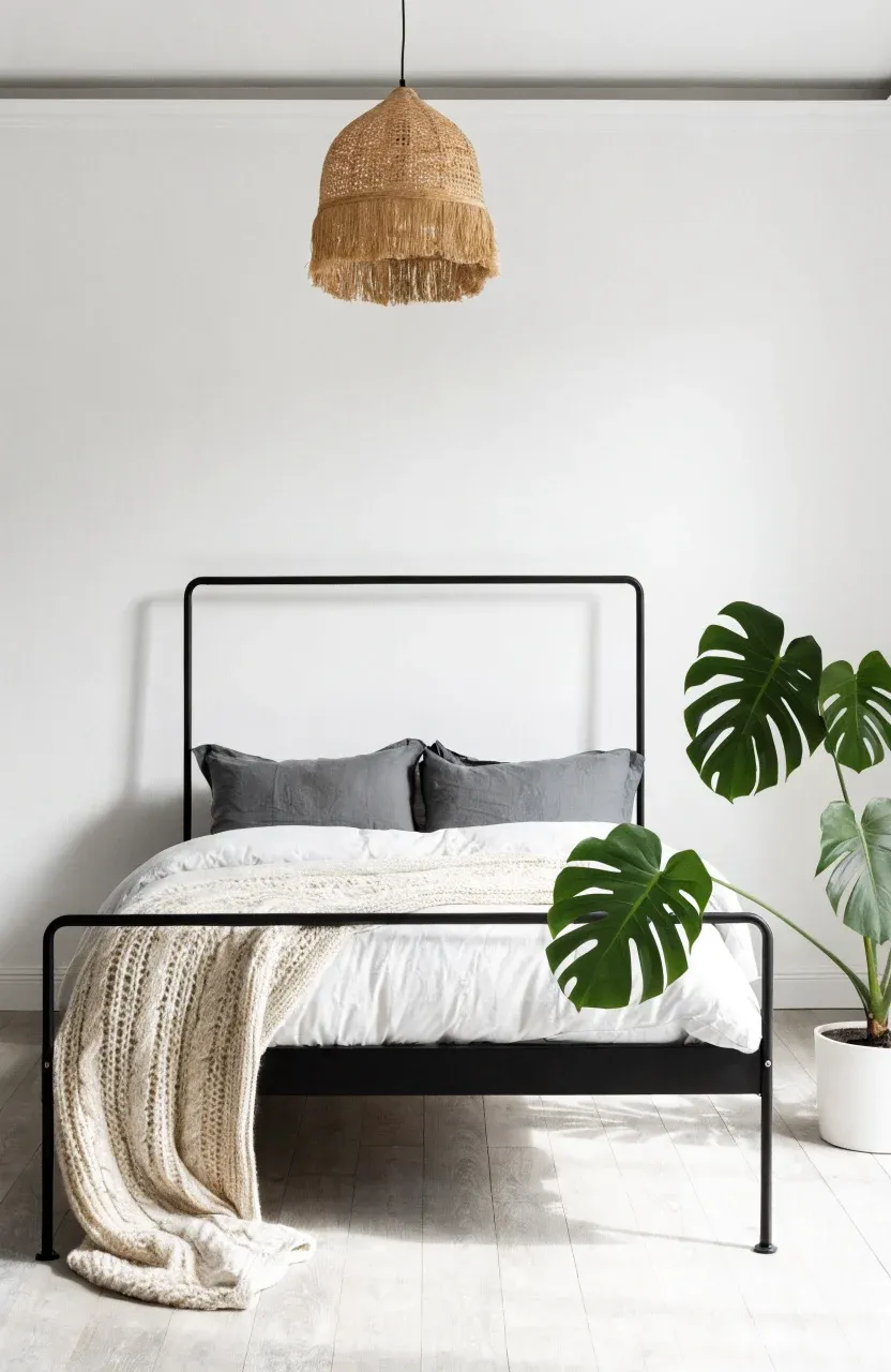 A minimalist black metal bed frame with white bedding in a bright boho bedroom.