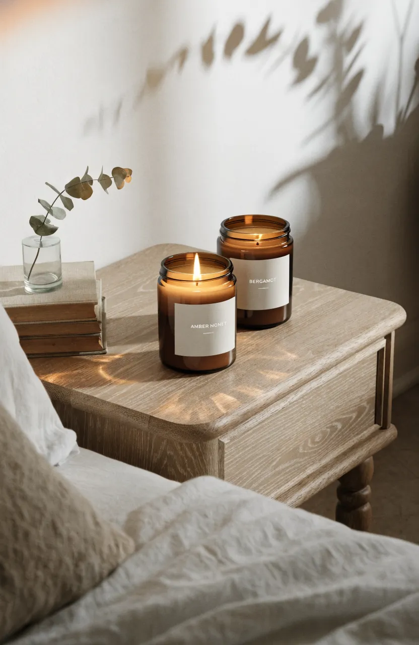 Two amber glass candles on a wooden nightstand in a cozy, relaxing bedroom.