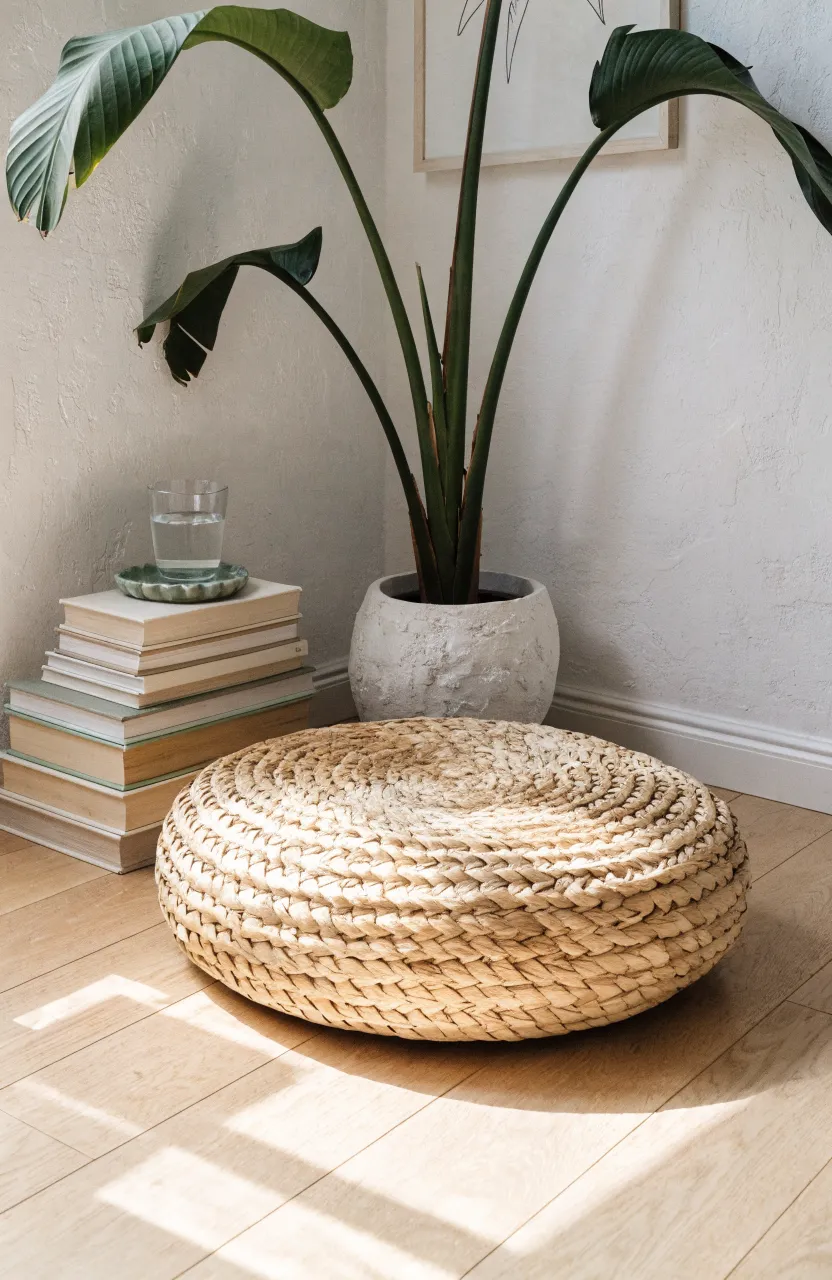 A woven straw floor pouf and a stack of books in a sunlit bedroom corner.