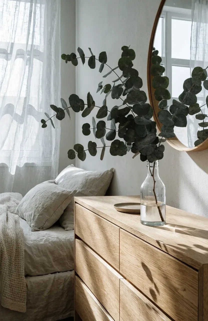 A minimalist bedroom with a eucalyptus branch in a glass bottle on a light wood dresser.
