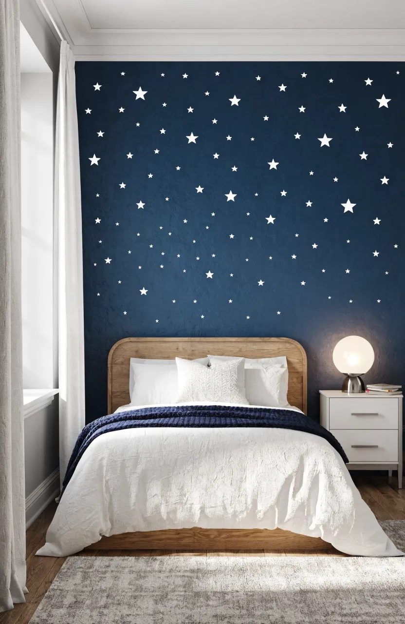 A kids bedroom with a navy blue accent wall featuring white star decals and a light wood bed.
