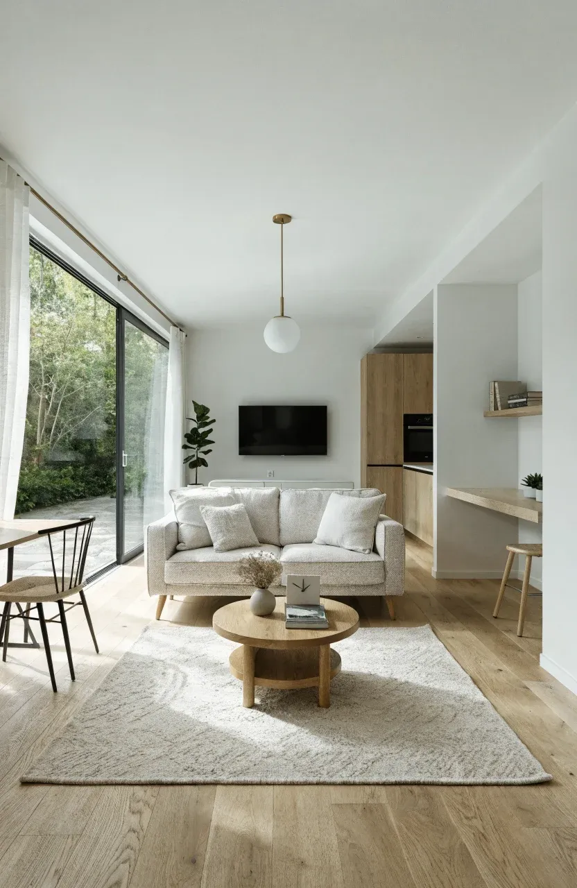 A bright, open-concept tiny home with light wood floors, thin-legged furniture, and large windows.