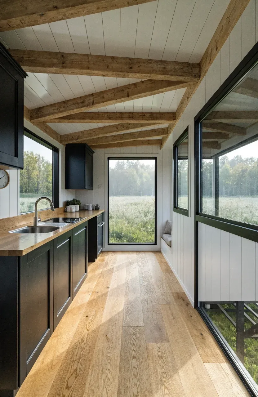 A bright, open-concept tiny house interior with oak floors, a modern kitchen, and large windows.