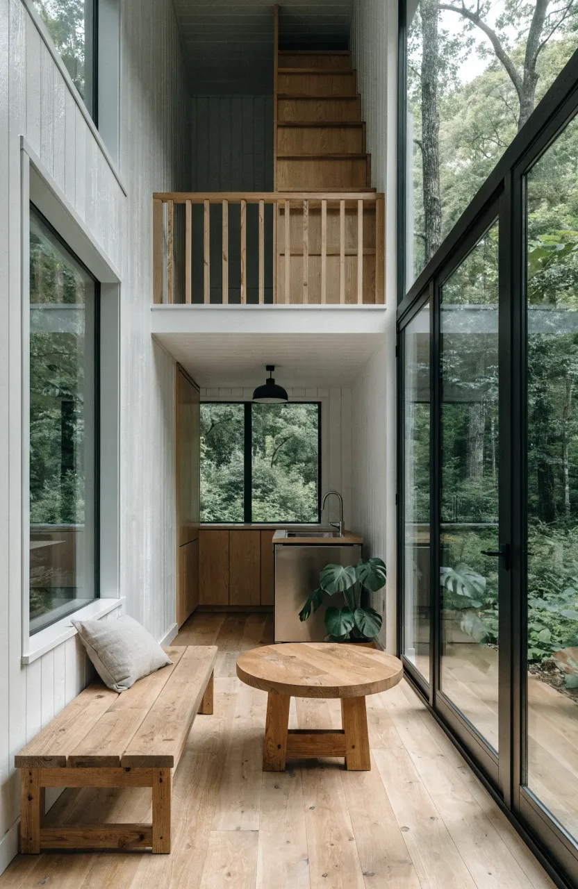 A bright, modern micro tiny house interior with high ceilings, a sleeping loft, and large glass doors.