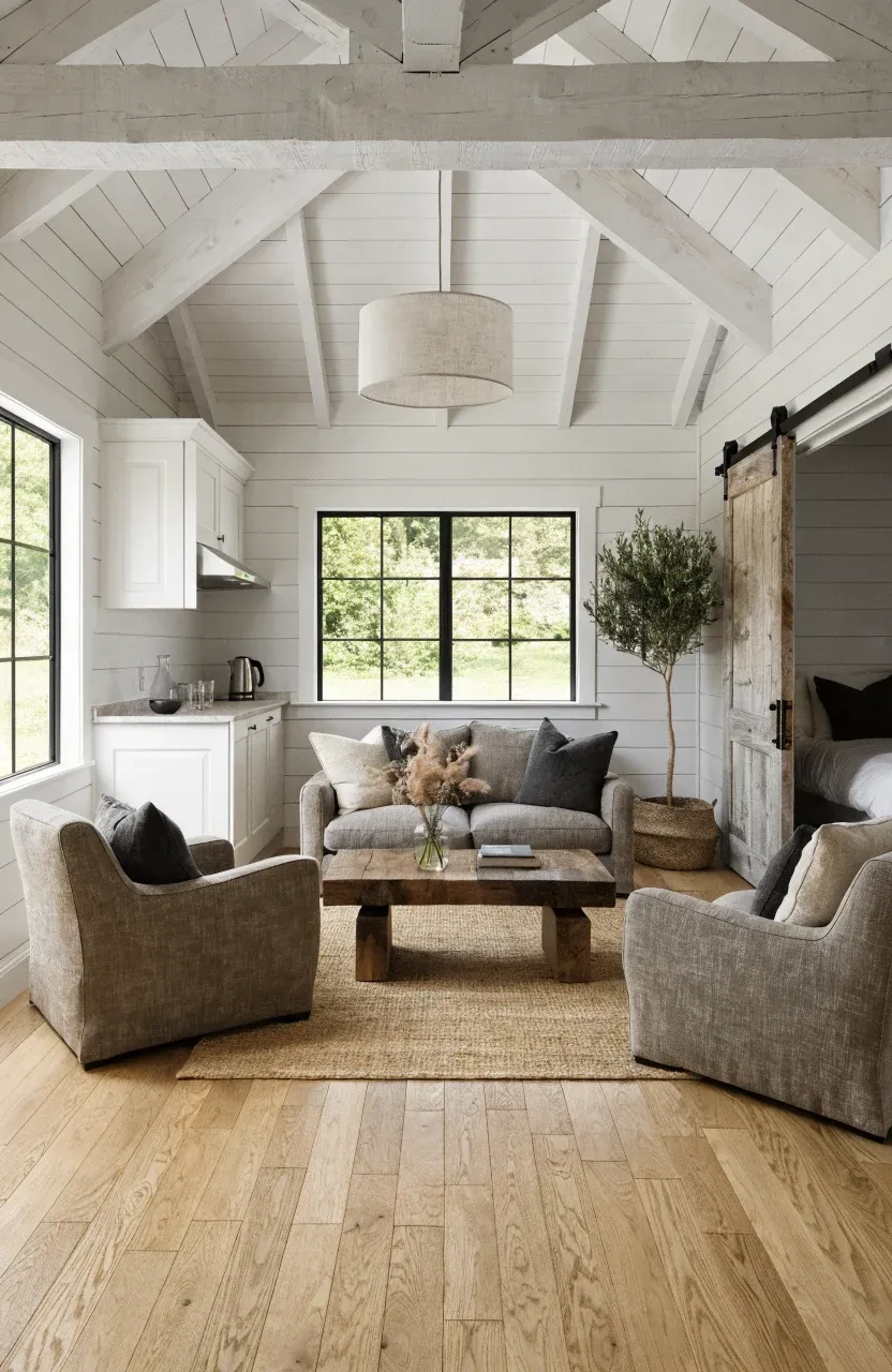 A bright, open-plan tiny cottage interior with a jute rug defining the living area and a sliding barn door.
