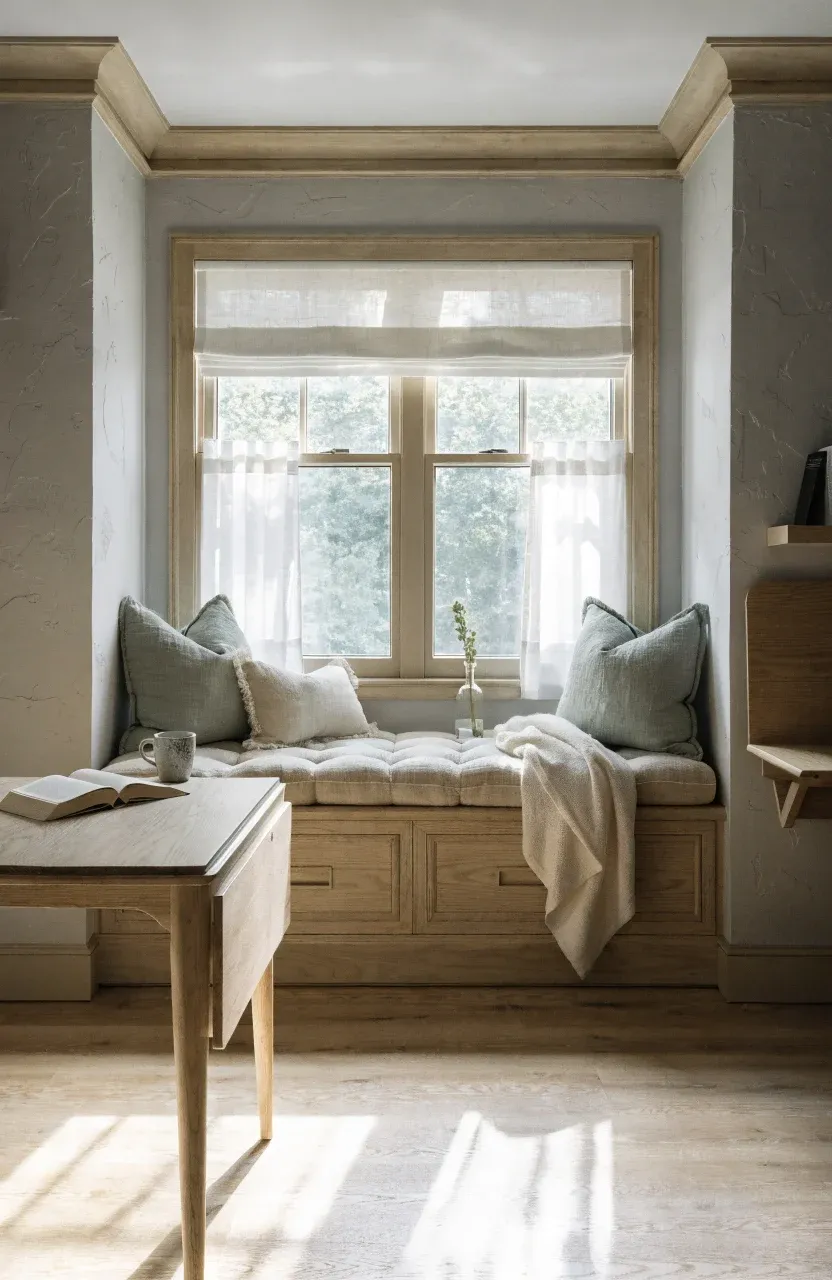 A bright cottage corner with a built-in window bench with drawers and a drop-leaf table.