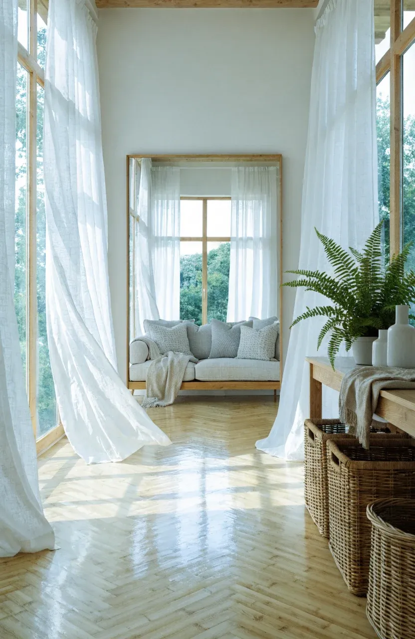 A bright cottage room with off-white walls, bamboo floors, a large mirror, and wicker baskets.