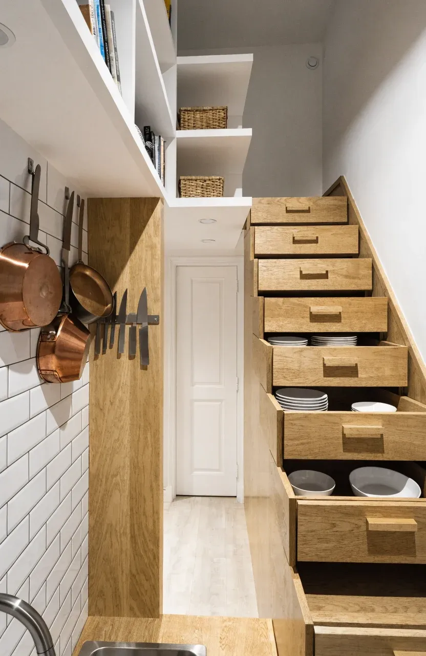 A tiny cottage featuring stairs with built-in drawers and a wall with hanging pots and pans.