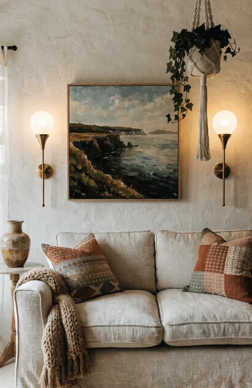 A cozy cottage room with a large piece of wall art, hanging plants, and a sofa with a knit throw.
