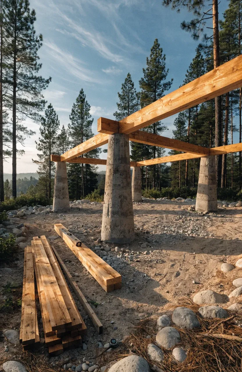 An elevated timber cabin foundation on concrete piers in a dry, sandy forest clearing.