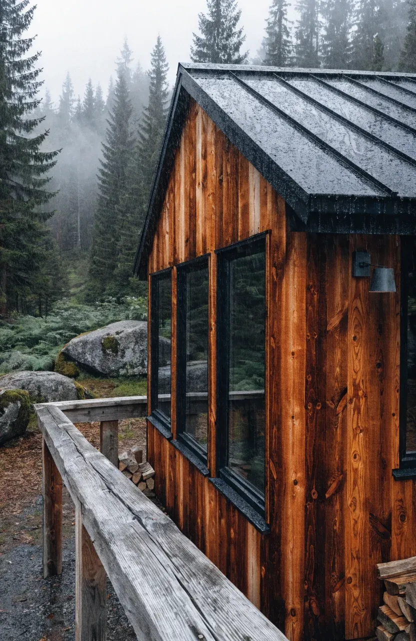 A small cabin with natural cedar siding, a charcoal metal roof, and a reclaimed wood porch.
