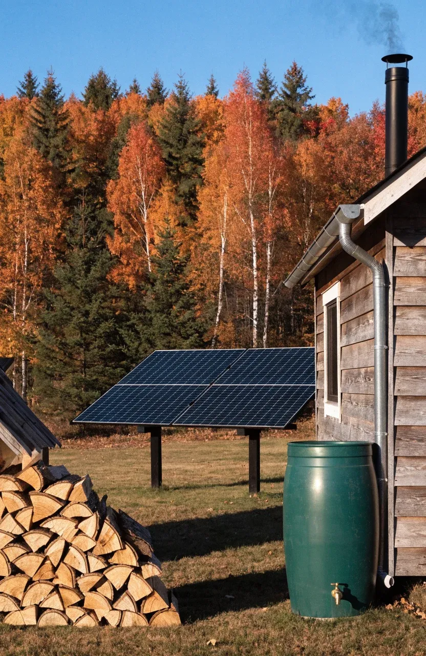 A remote cabin equipped with solar panels, a rainwater collection barrel, and a neat wood pile.