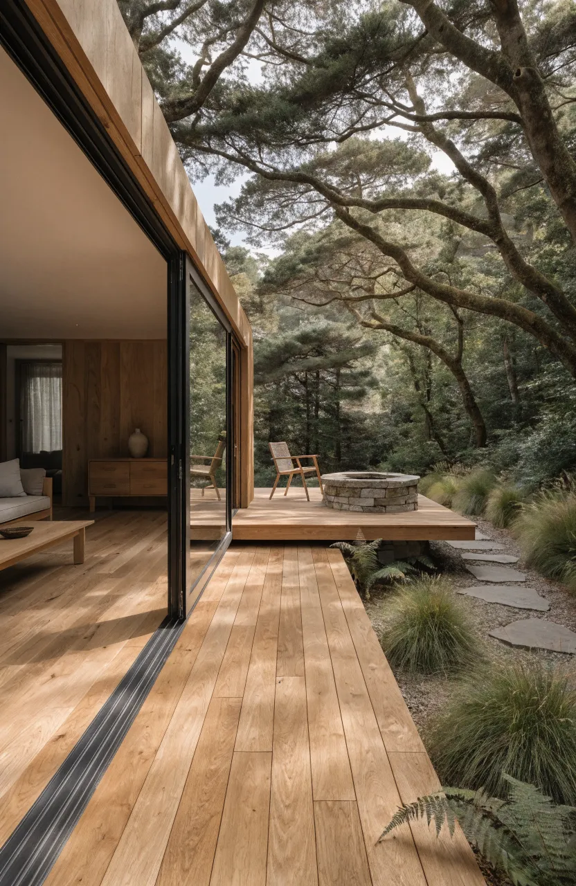 A small cabin with open sliding doors leading to a large wooden deck and native forest garden.