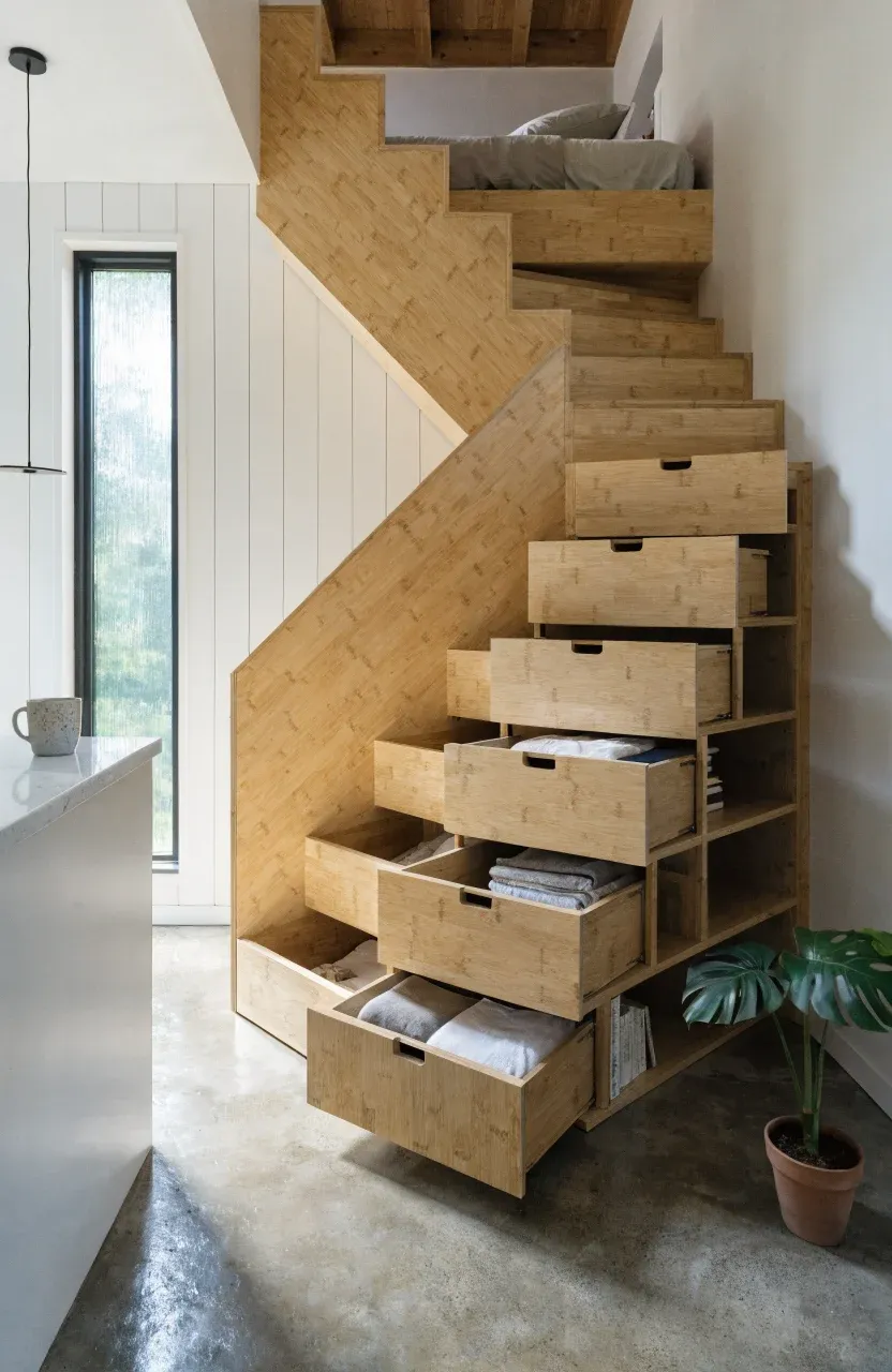 A wooden staircase in a tiny home featuring integrated storage drawers and a loft view.