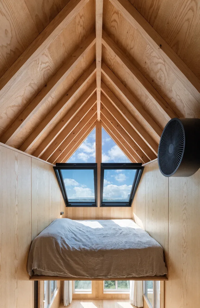 An airy tiny home loft with clerestory windows and a wall-mounted fan for ventilation.