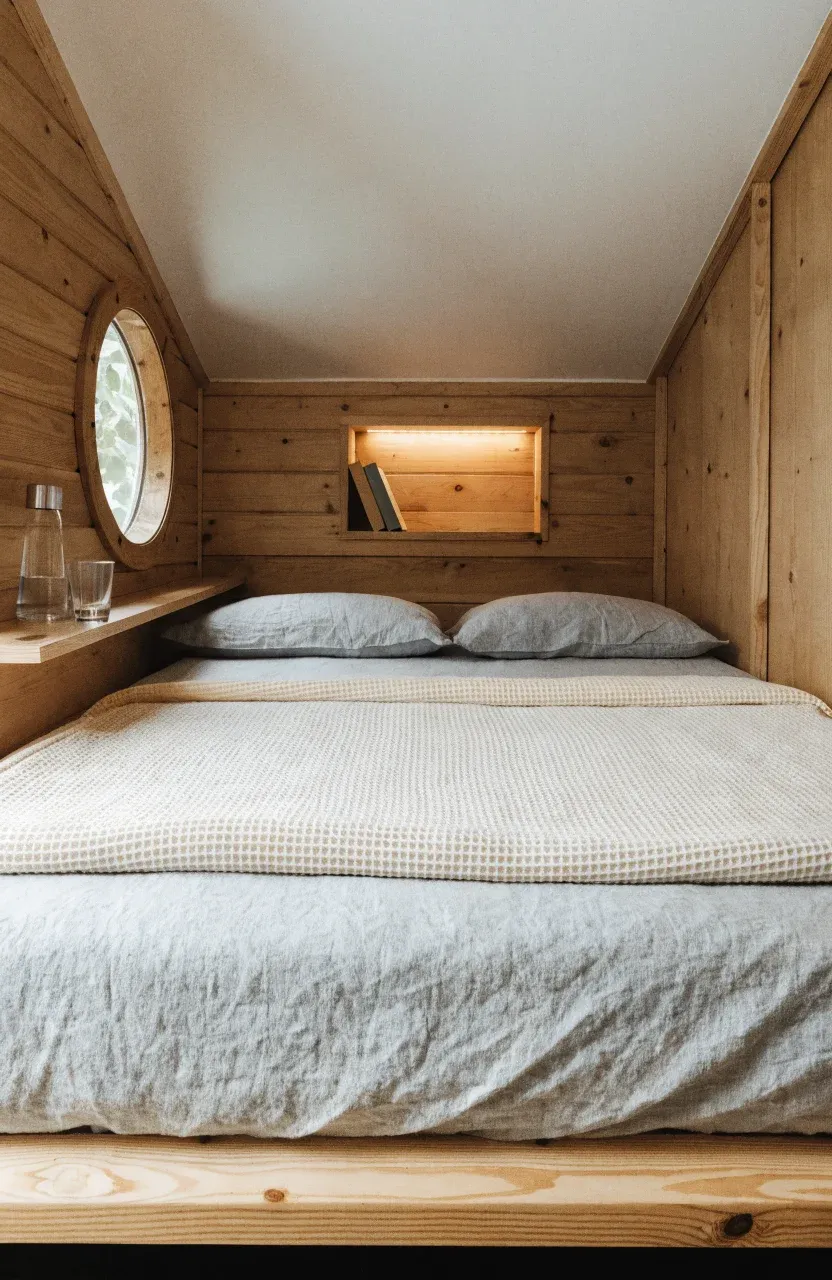 A low-profile mattress with grey linen bedding in a cozy tiny home loft.