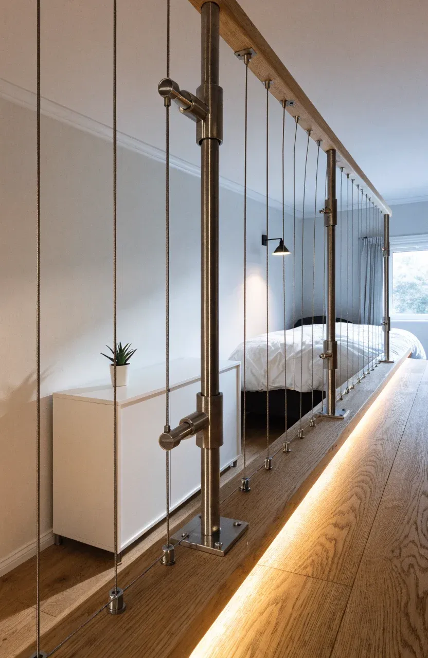 A modern loft featuring a stainless steel cable railing and recessed LED floor lighting.