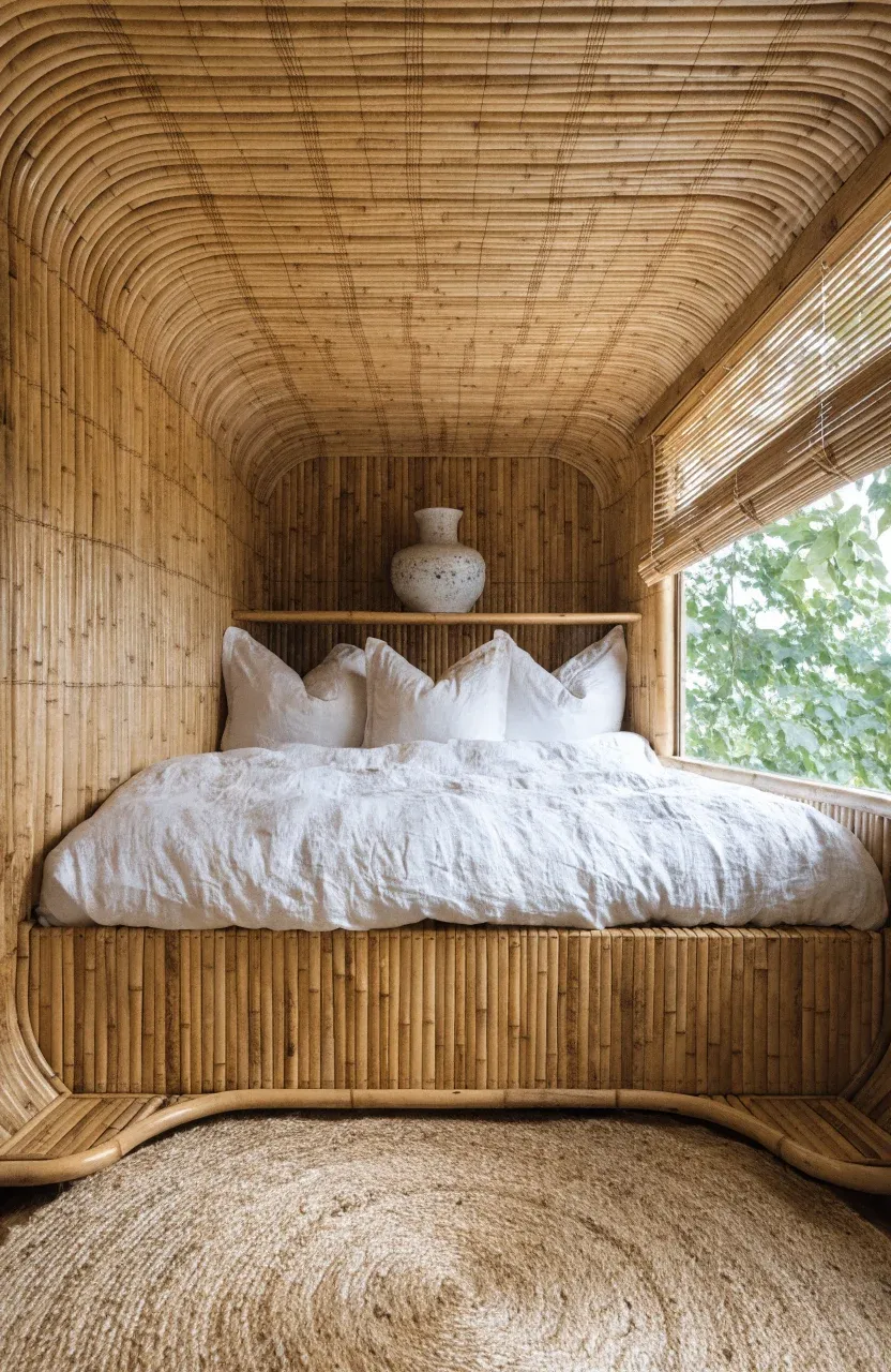 A peaceful tiny home loft with bamboo walls, a jute rug, and soft linen bedding.