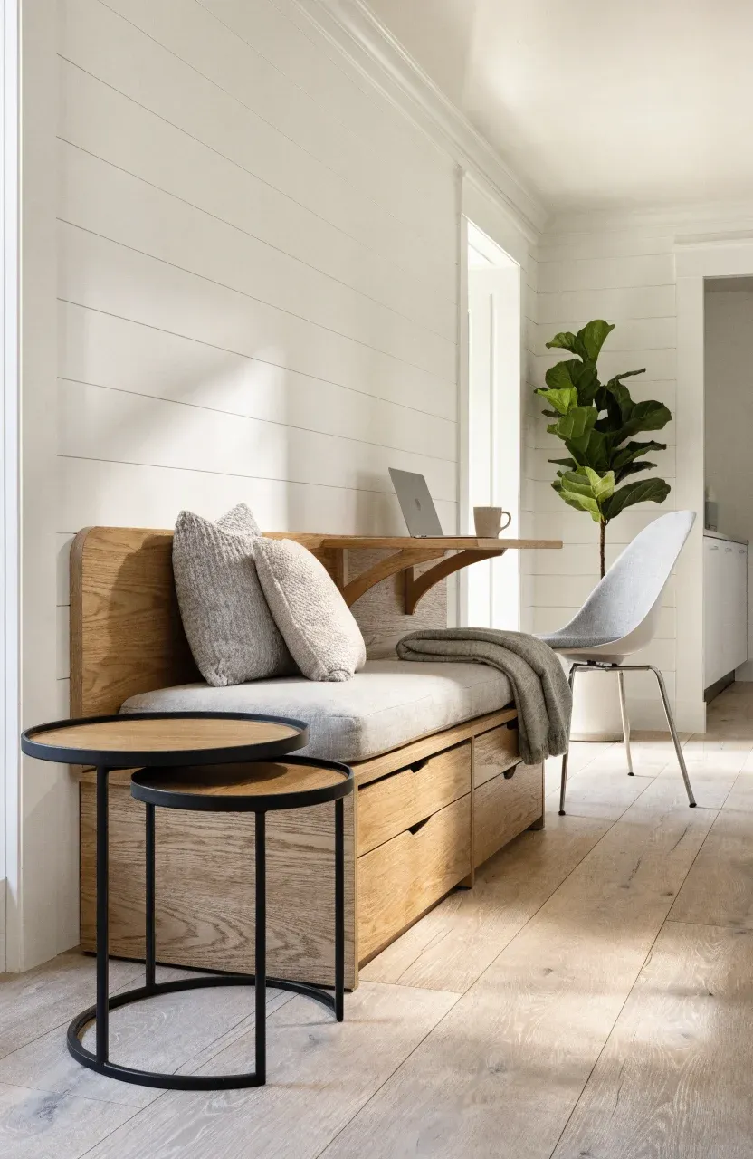 A bright tiny home interior featuring a folding wall desk and a storage bench sofa with clear floor space.