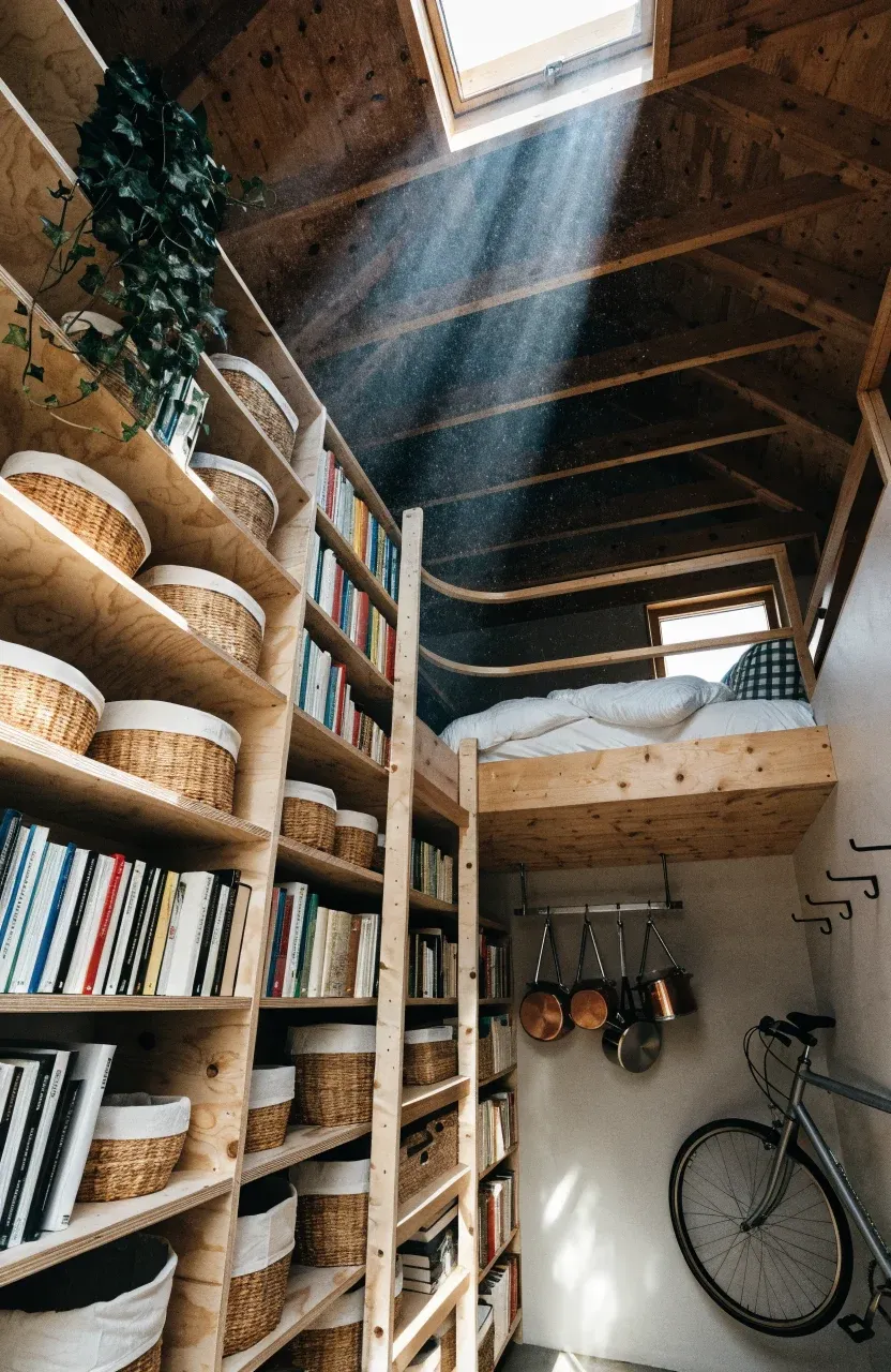 A tiny home interior showing floor-to-ceiling shelves, a sleeping loft, and wall-mounted storage.