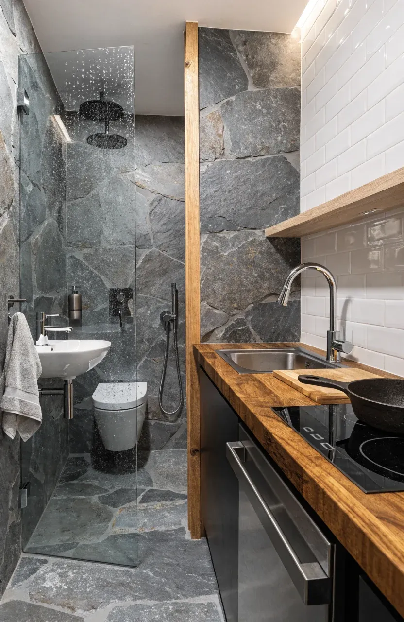 A compact tiny home featuring a wall-mounted toilet, corner sink, and a space-saving kitchenette.