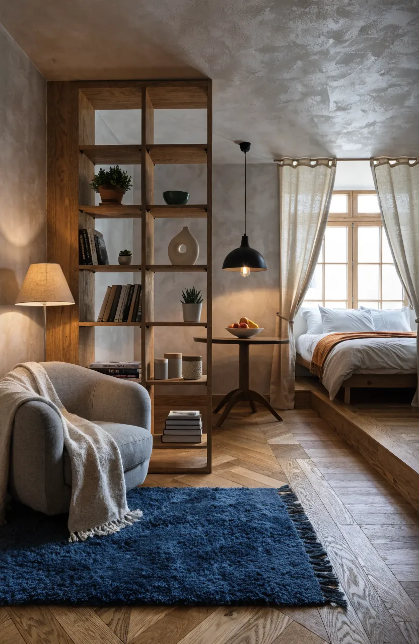 A tiny home interior using a bookshelf and area rug to separate the living, dining, and sleeping areas.