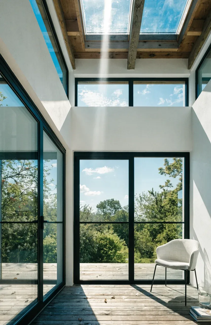 A bright tiny home with floor-to-ceiling glass doors, clerestory windows, and a skylight.
