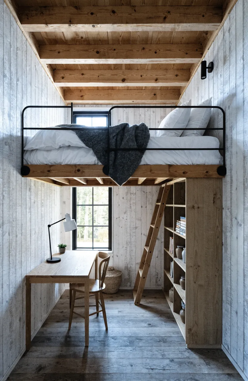 A small cabin interior featuring a lofted bed above a desk and floor-to-ceiling wooden shelves.