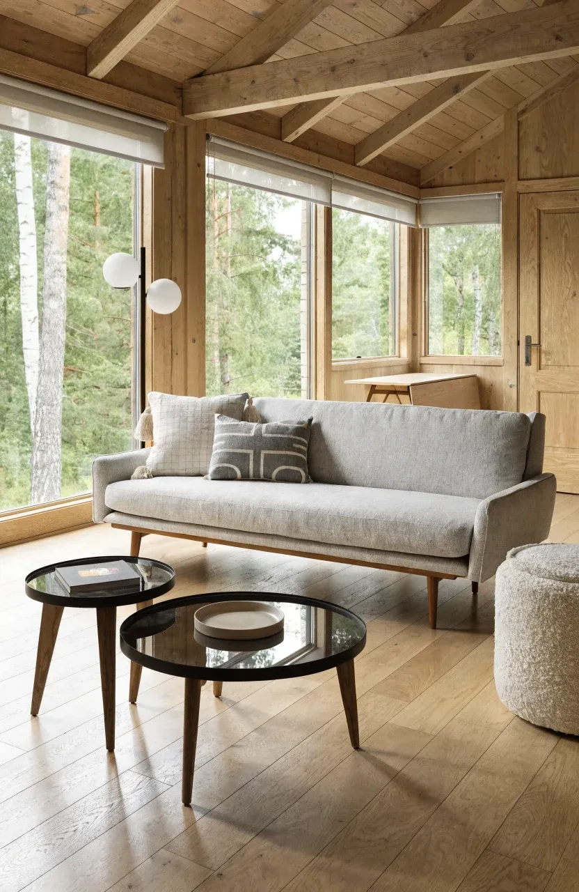 A cabin living room with a sofa bed on thin legs, glass nesting tables, and a storage ottoman.