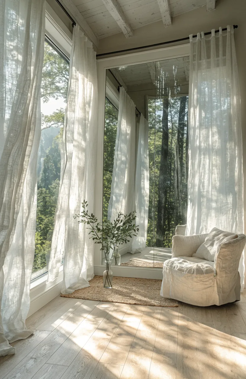 A bright cabin room with off-white walls, sheer curtains, and a large mirror reflecting a forest.