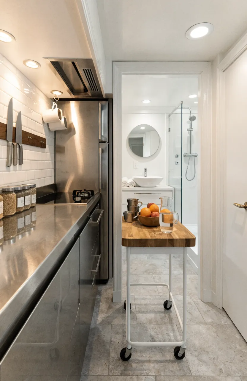 A compact cabin kitchen with a rolling cart and a view into a bathroom with a glass shower.