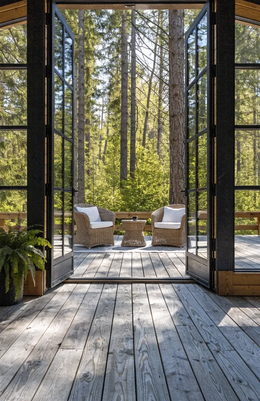 Open French doors in a cabin showing a seamless wood floor transition to an outdoor deck.